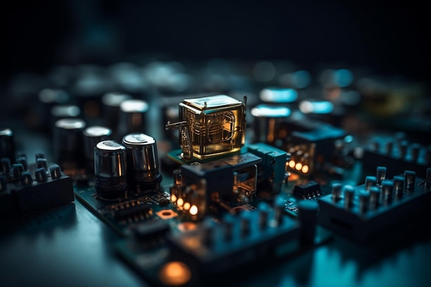 A close up of a circuit board with a circuit board with a gold object on it.