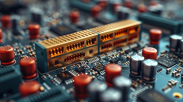 Photo close up of a circuit board with gold connectors red capacitors and other electronic components