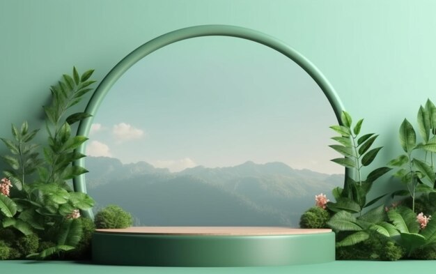 A close up of a circular mirror with a plant and a mountain in the background generative ai