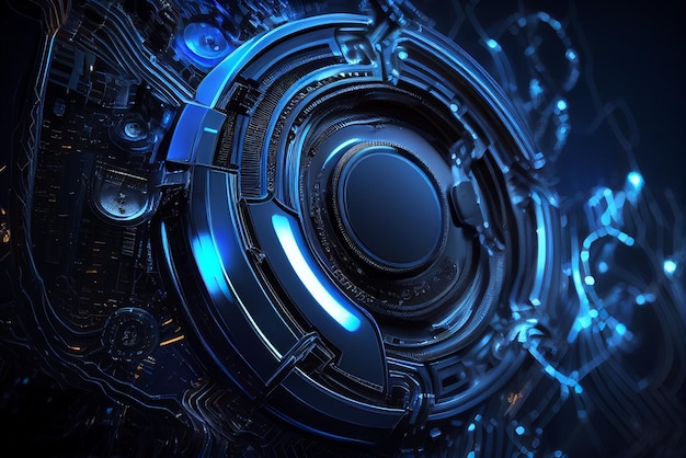 Close up of circular object with blue light generative ai