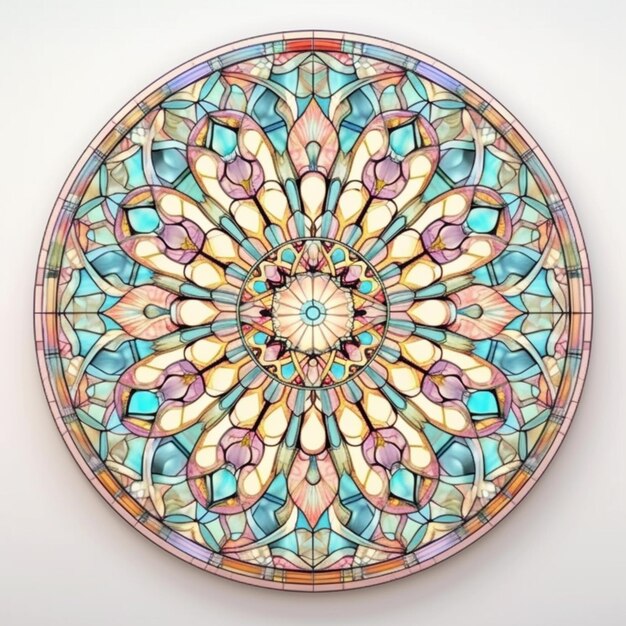 A close up of a circular stained glass plate with a flower design generative ai