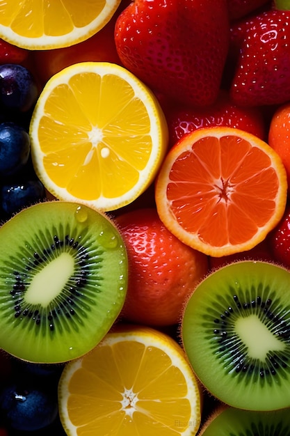 A close up of a citrus fruits with a slice of kiwi