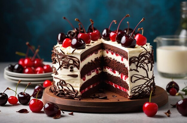 Close up of a classic black forest cake with cherries and whipped cream