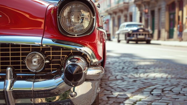 Close up of classic car in old city red and white colors retro style with chrome details