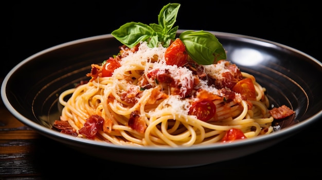 Close up of classical Italian spaghetti with Amatriciana sauce grated cheese and greens Homemade Bucatini all Amatriciana Pasta with Tomato and Basil in brown plate