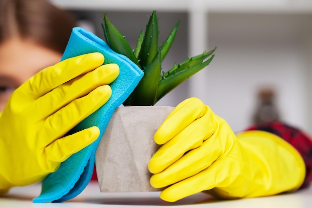 Close up of cleaner in yellow gloves wipes dust in the office