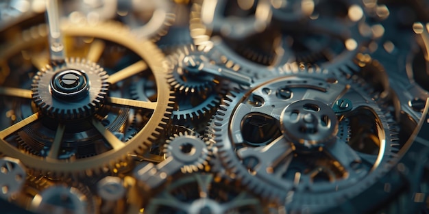 Close up of clock with many gears