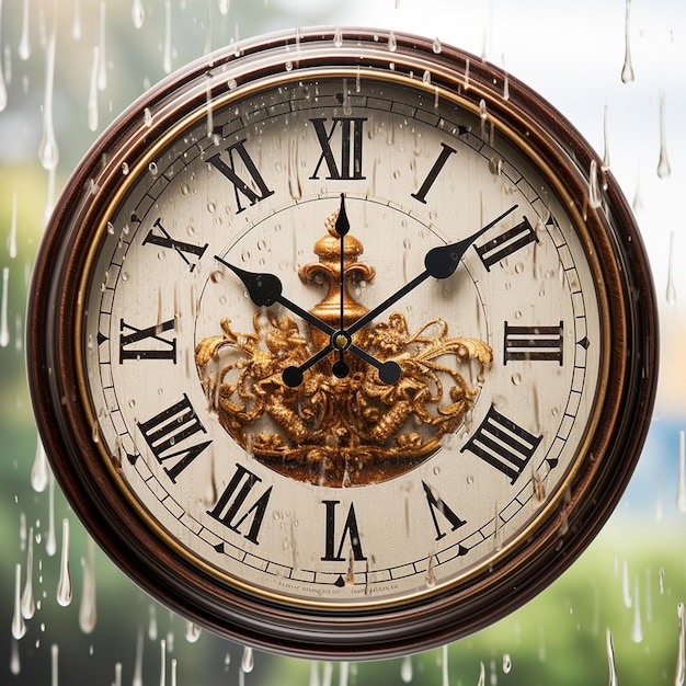 a close up of a clock with rain drops on the window generative ai