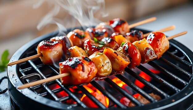 Close up of a closed grill making Souvlaki isolated with white highlights