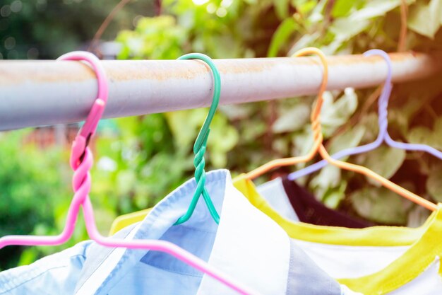 Close up clothes line and clothes hanger