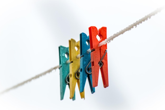 Close-up of clothespins on clothesline