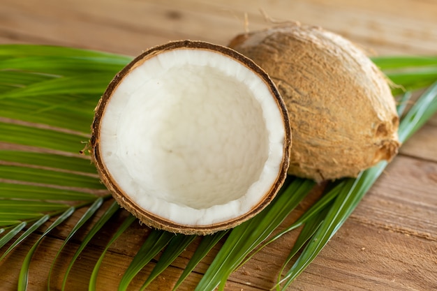 Close up of coconut on wood