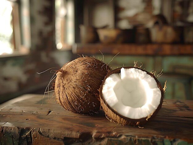 Photo close up of coconut on wooden surface photography