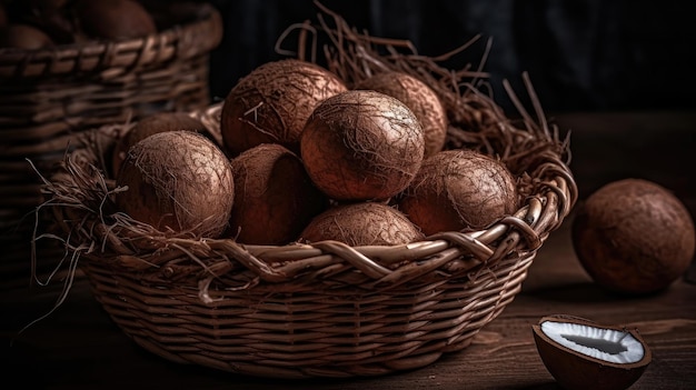 Close up coconuts fruits in a bamboo basket with blurred background