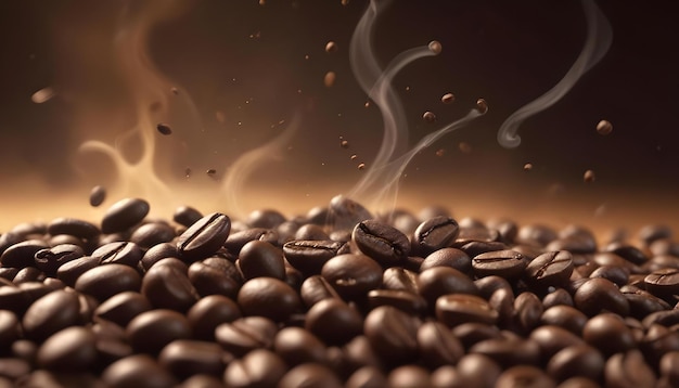 a close up of coffee beans and smoke