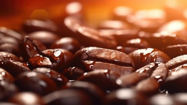 A close up of coffee beans with a drop of water on them