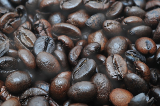 Close-up of coffee beans with smoke background