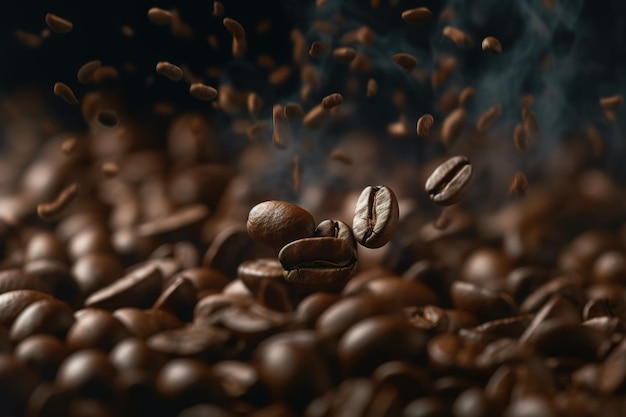 A close up of coffee beans with a smoke coming out of the top left corner