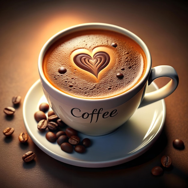 Close Up of a Coffee Cup With Latte Art Spelling Coffee is spelled out in the foam using coffee beans