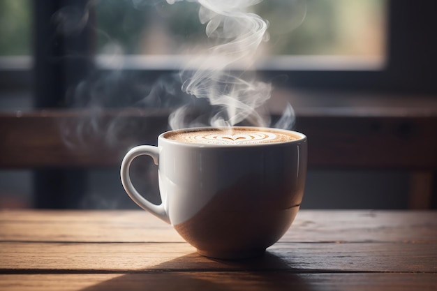 close up coffee cup on wooden table steam rising