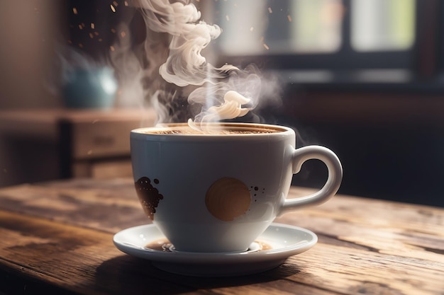 close up coffee cup on wooden table steam rising