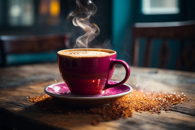 close up coffee cup on wooden table steam rising