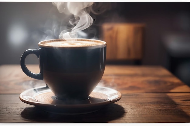 close up coffee cup on wooden table steam rising