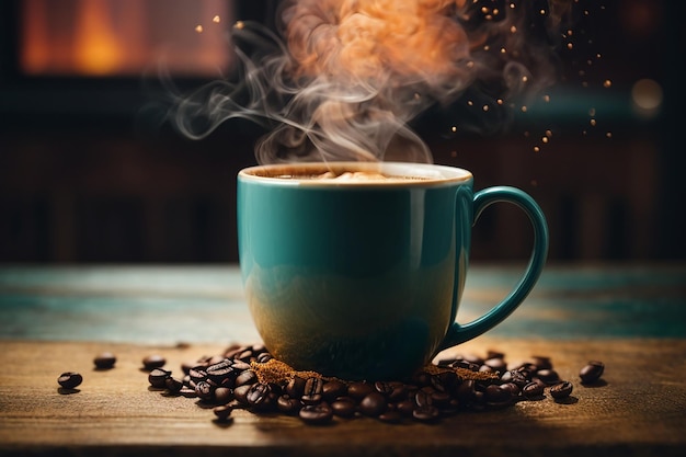 close up coffee cup on wooden table steam rising