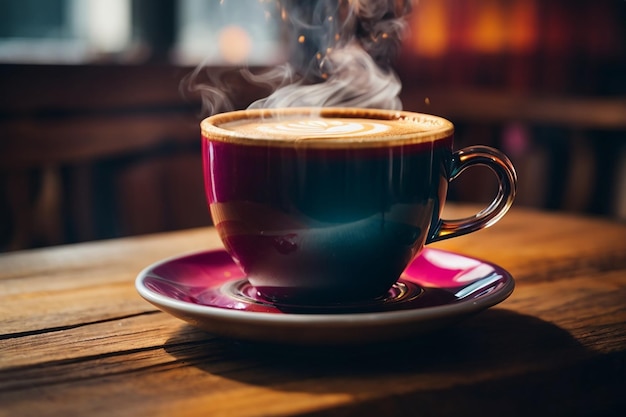 close up coffee cup on wooden table steam rising