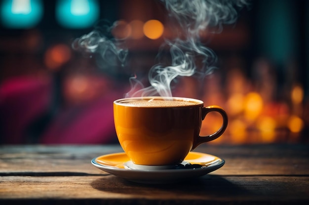 close up coffee cup on wooden table steam rising