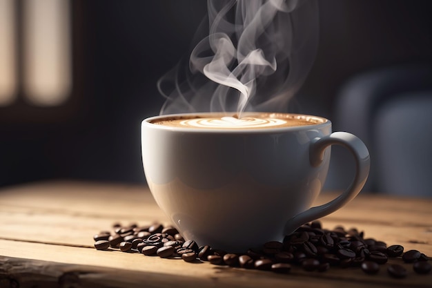 close up coffee cup on wooden table steam rising