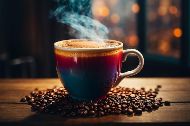 close up coffee cup on wooden table steam rising