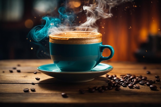 close up coffee cup on wooden table steam rising