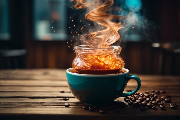 close up coffee cup on wooden table steam rising