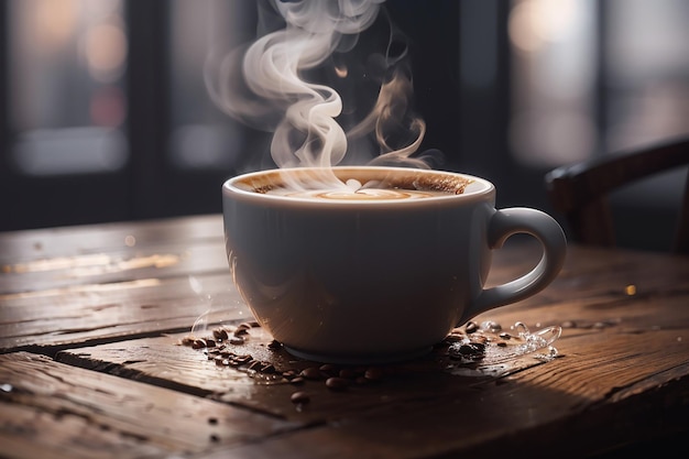 close up coffee cup on wooden table steam rising