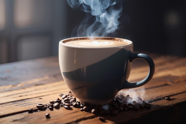 close up coffee cup on wooden table steam rising