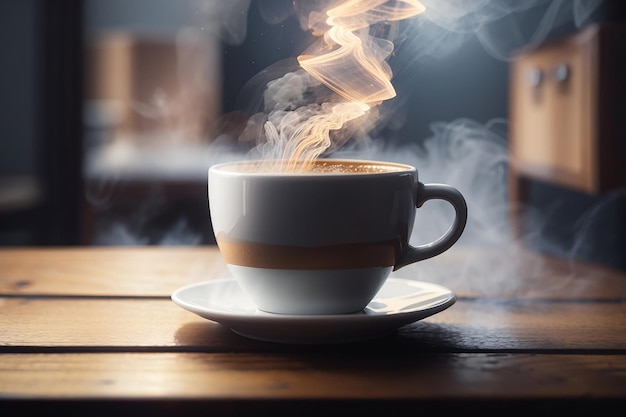 close up coffee cup on wooden table steam rising