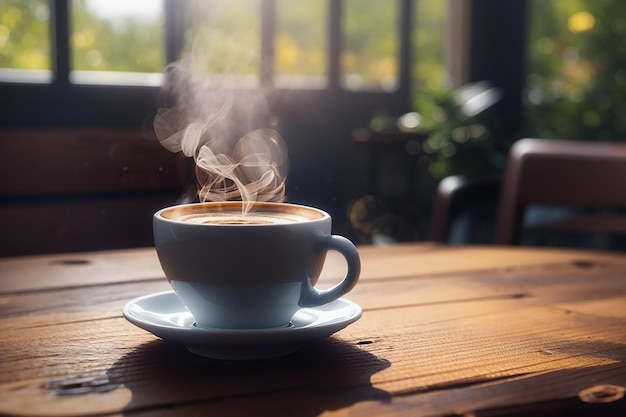 close up coffee cup on wooden table steam rising