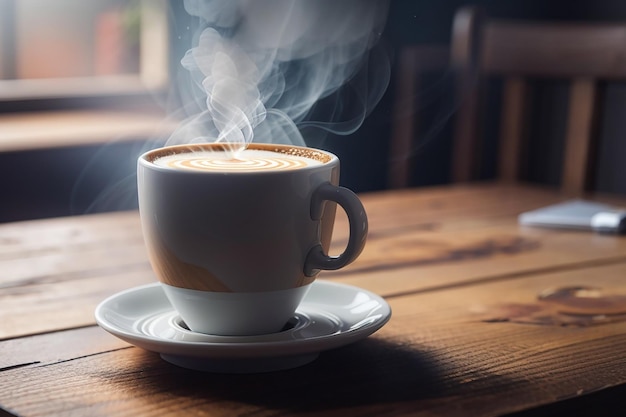 close up coffee cup on wooden table steam rising