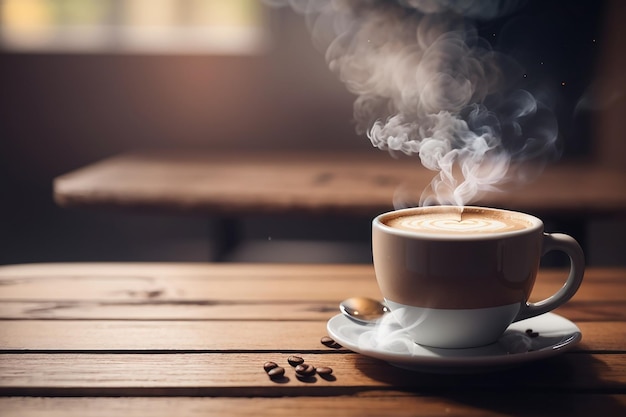 close up coffee cup on wooden table steam rising