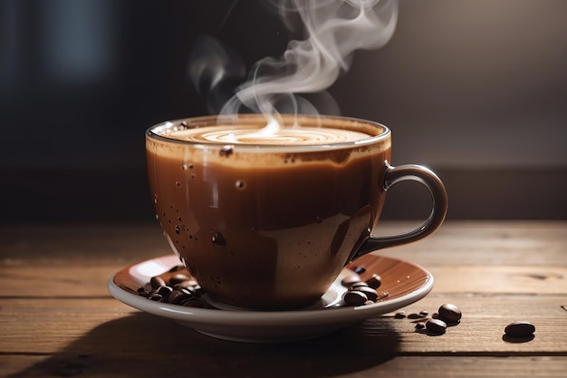 close up coffee cup on wooden table steam rising