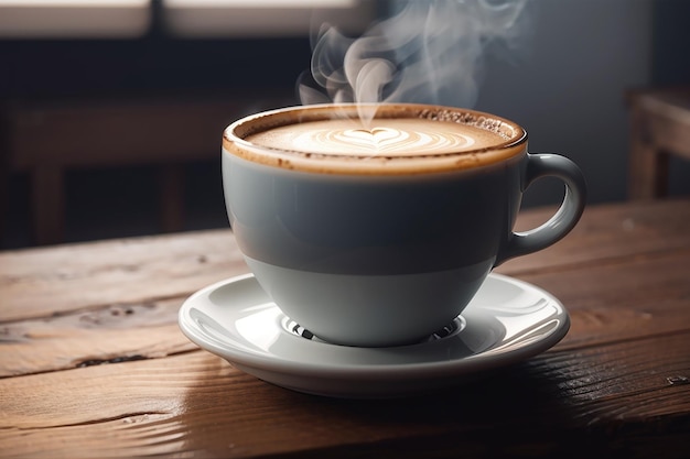 close up coffee cup on wooden table steam rising