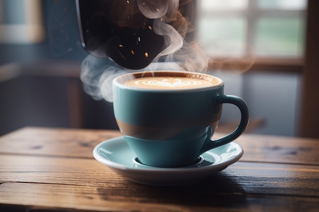 close up coffee cup on wooden table steam rising