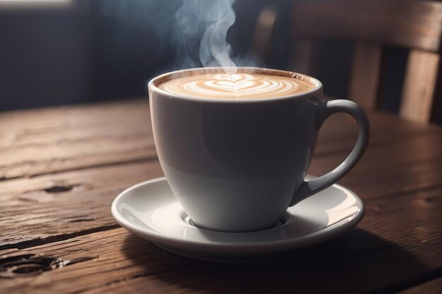 close up coffee cup on wooden table steam rising