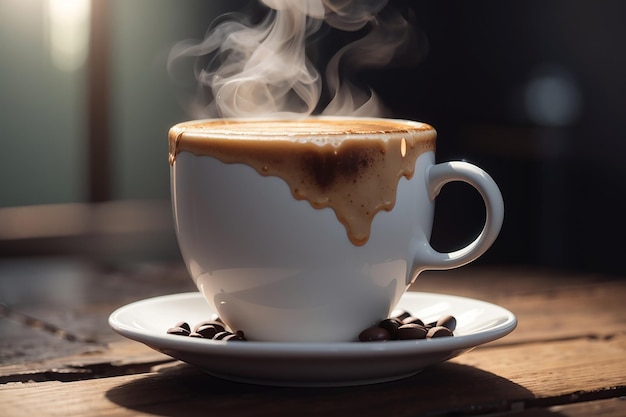 close up coffee cup on wooden table steam rising