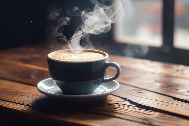 close up coffee cup on wooden table steam rising