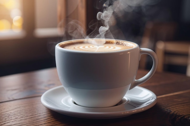 close up coffee cup on wooden table steam rising