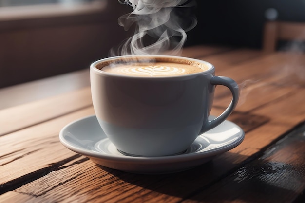 close up coffee cup on wooden table steam rising