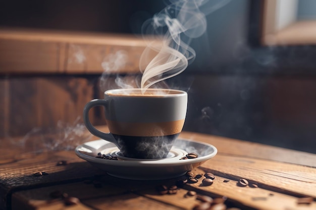 close up coffee cup on wooden table steam rising