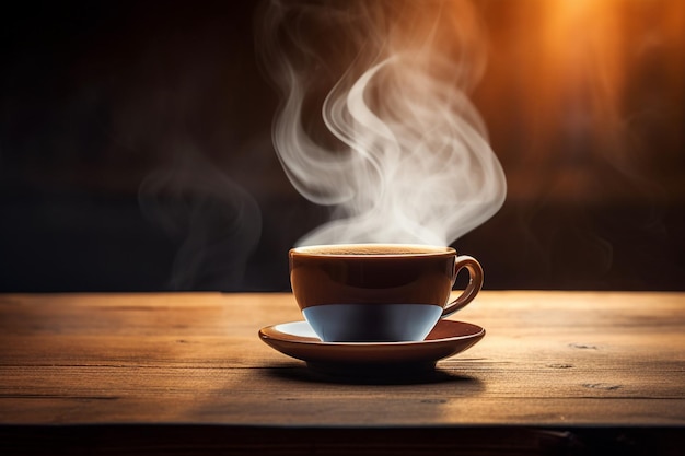 Close up coffee cup on wooden table steam rising